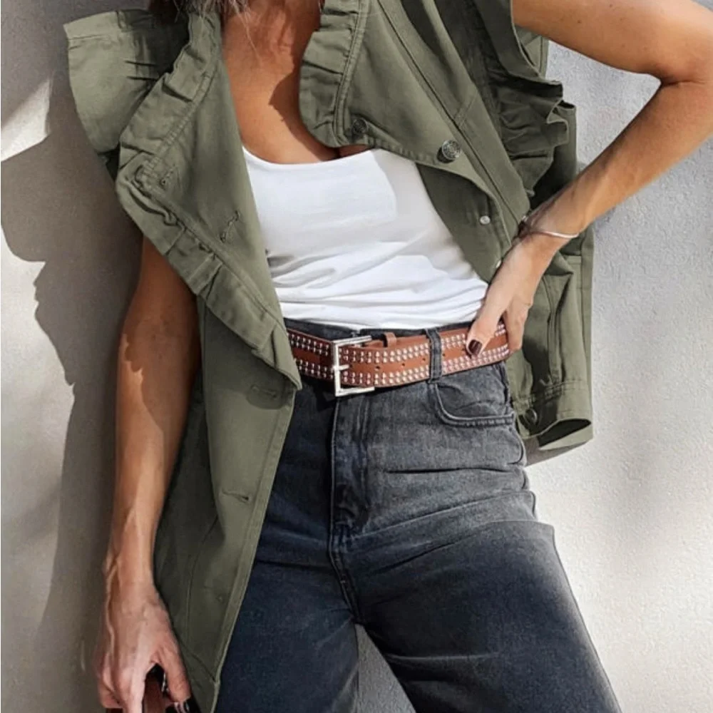 Amber- Ruffled Olive Green Denim Vest - Picture 2 of 4